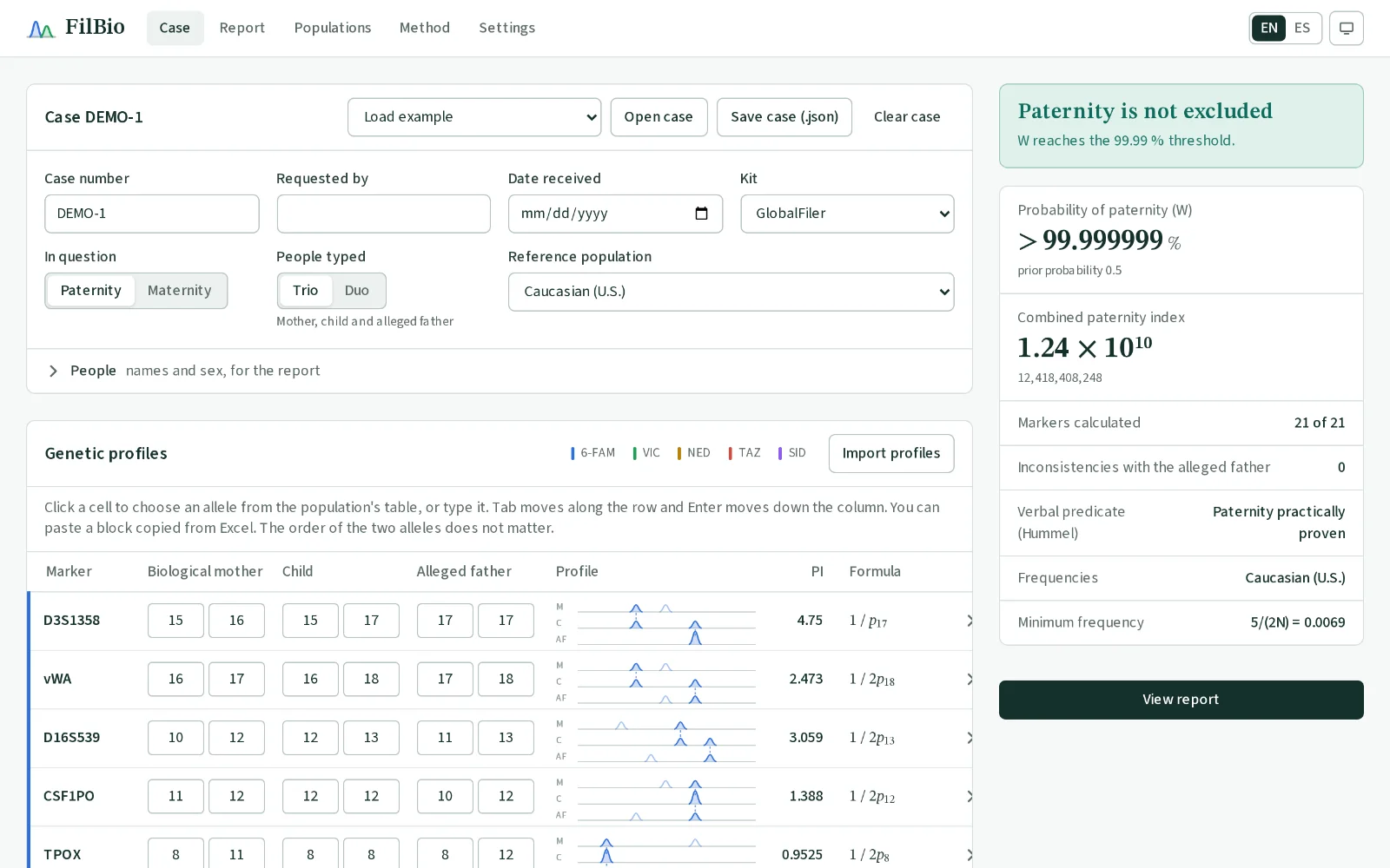 FilBio with its worked trio example: marker-by-marker paternity indices and a probability of paternity above 99.999999 %.