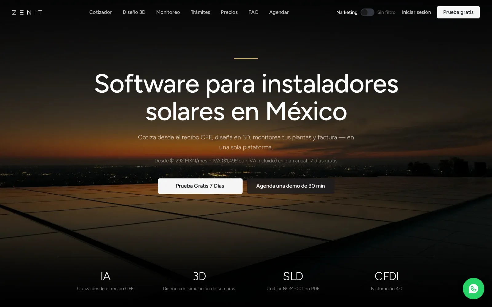 The zenitmaster.com home page: “Software para instaladores solares en México” over a photograph of solar panels at dusk.